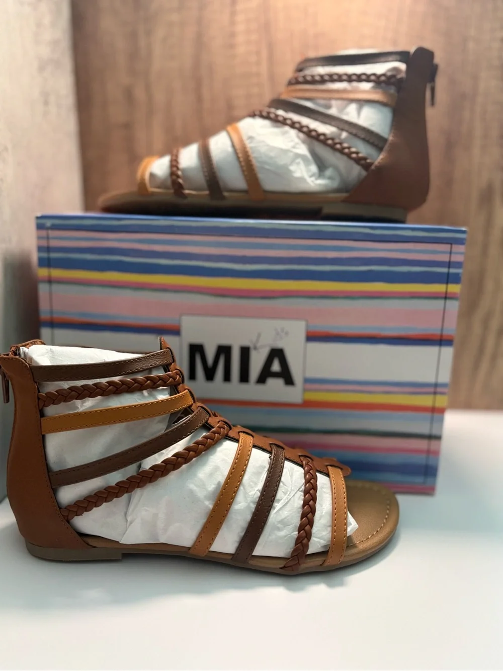 MIA Girls' Brown and Tan Braided Gladiator Sandals